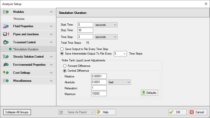 The Transient Control window with Central Difference selected.